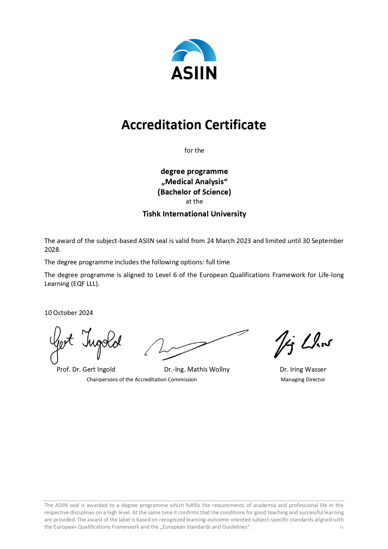 Medical Analysis Accreditation Certificate